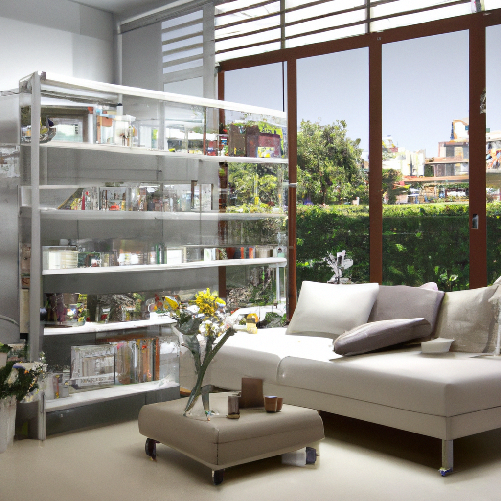 Salon moderne minimaliste avec canapé beige, étagère transparente et vue sur la verdure extérieure. Ambiance lumineuse et ...