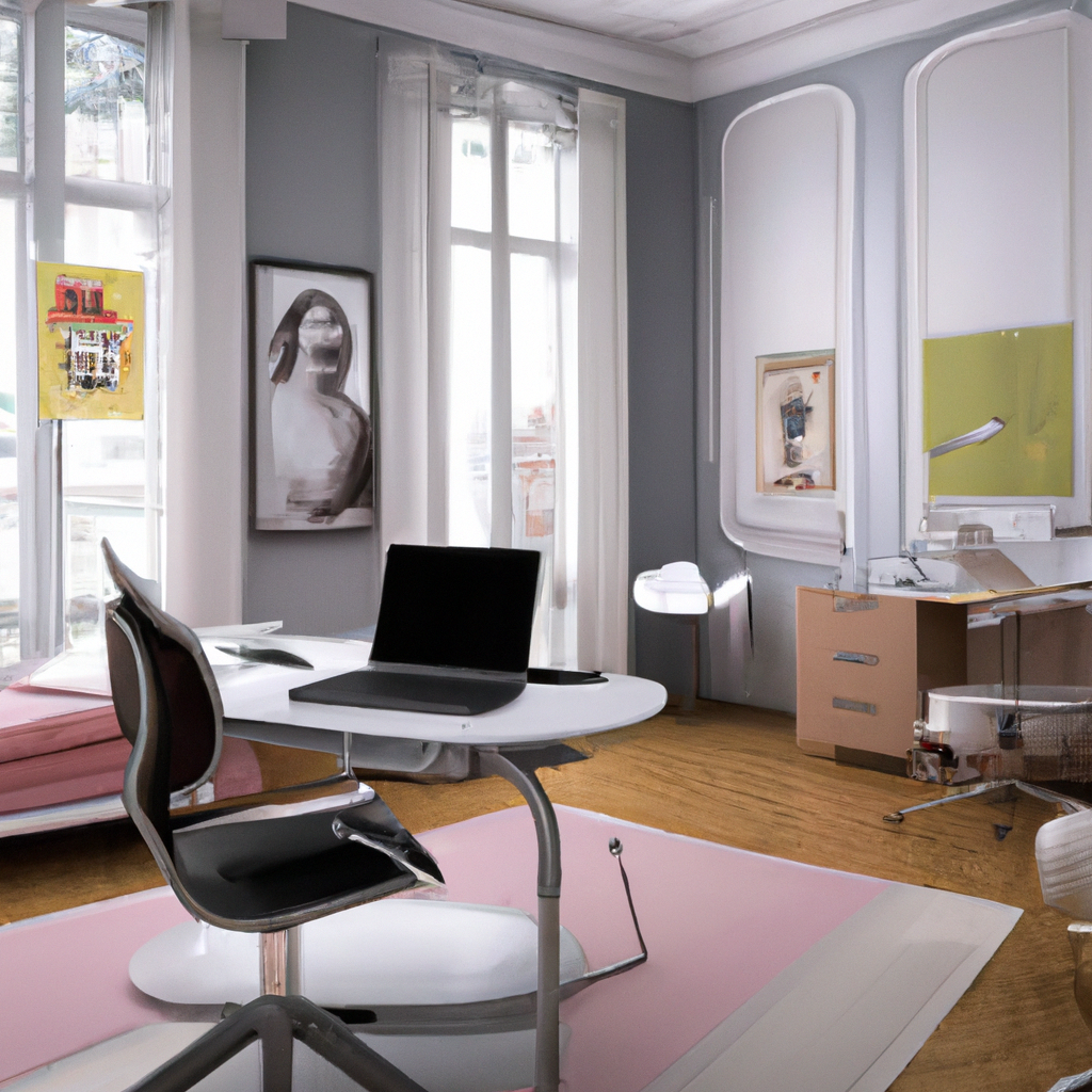 Bureau moderne avec chaise design, mur gris, œuvres d'art colorées et tapis rose, ambiance lumineuse et créative.