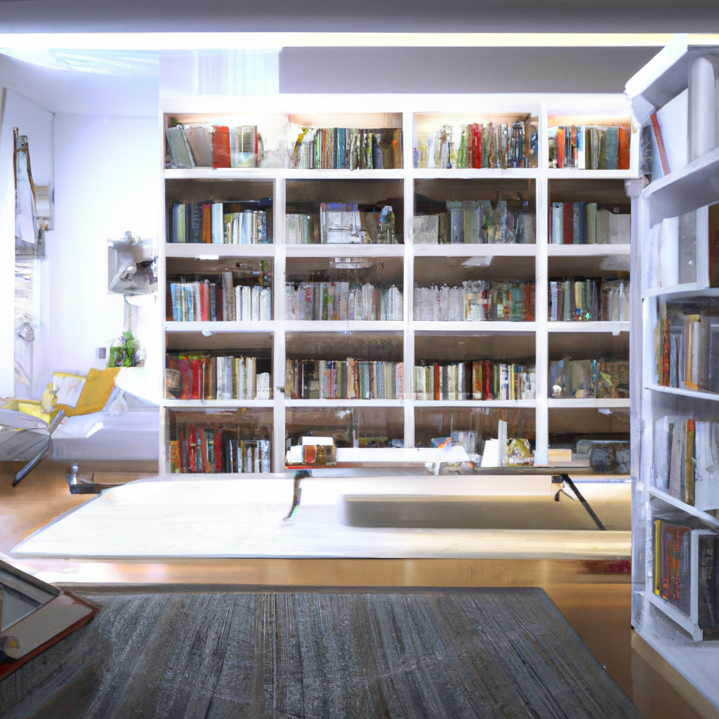 Bibliothèque moderne en bois clair avec livres colorés, chaise jaune, ambiance lumineuse et chaleureuse.