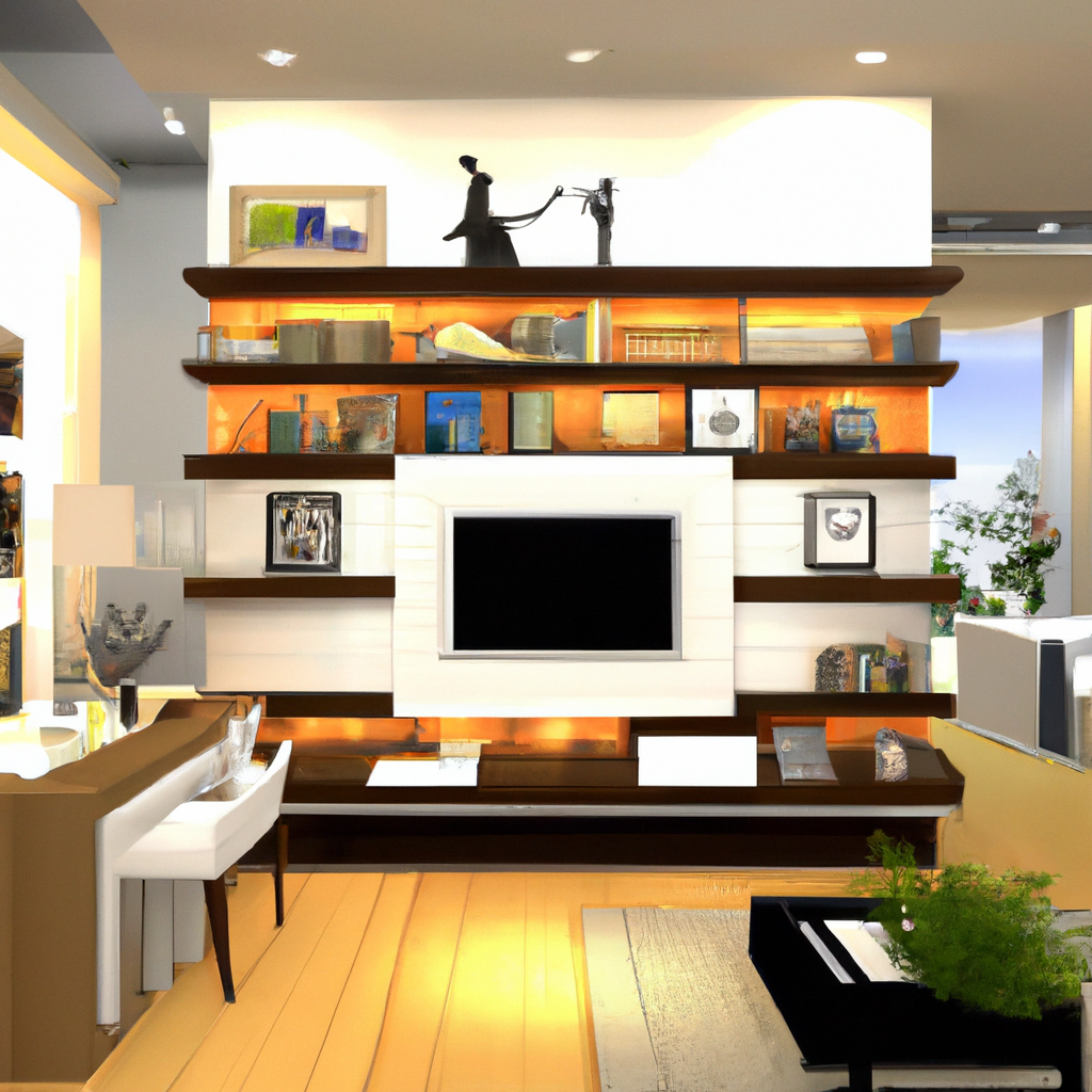 Étagère moderne en bois clair et foncé, éclairage chaleureux, décor minimaliste avec télévision et livres. Ambiance contem...