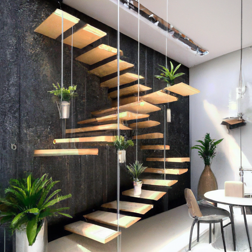 Escalier flottant en bois, mur texturé noir, plantes vertes, ambiance moderne et épurée, mobilier minimaliste en salle à m...