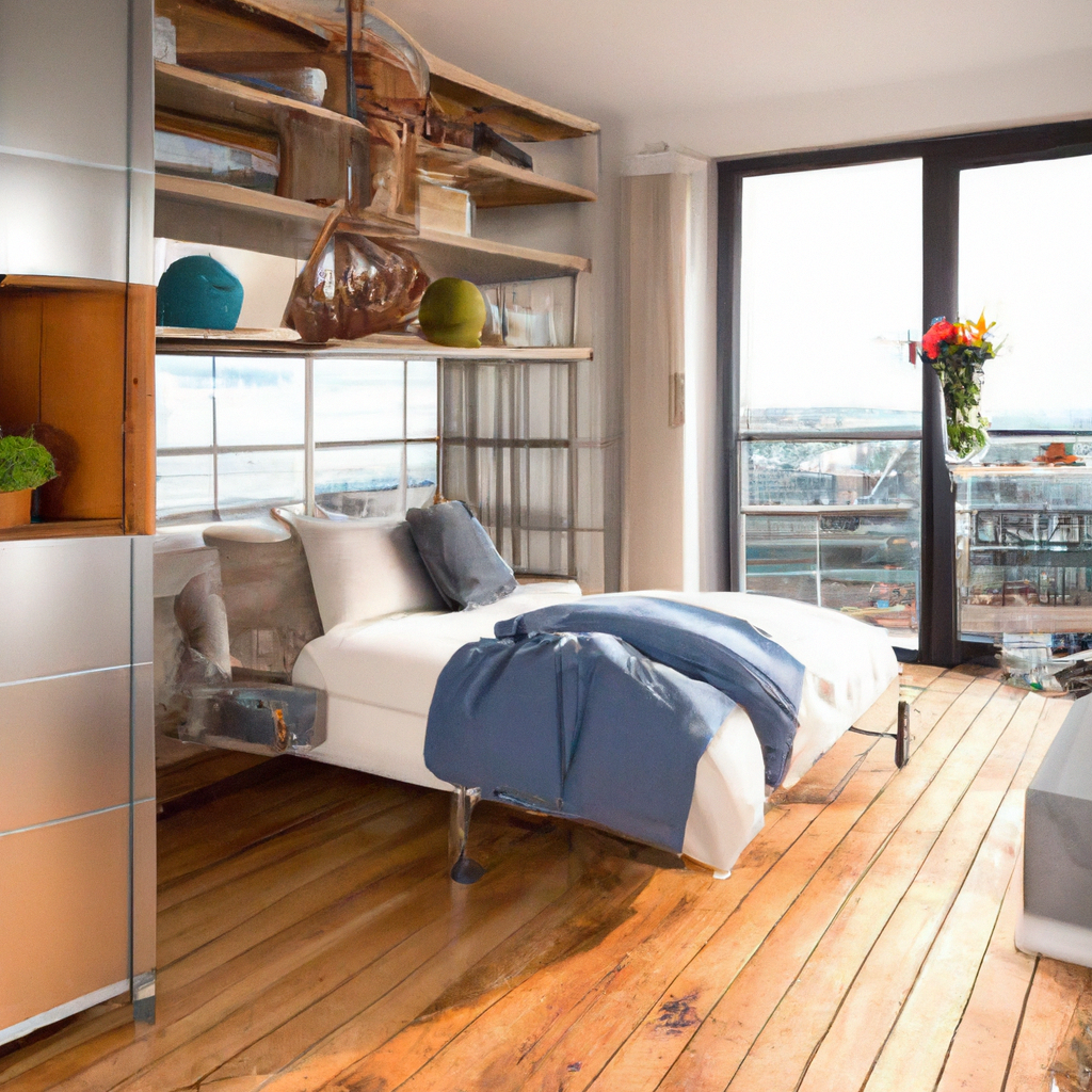 Chambre moderne avec parquet en bois, lit minimaliste, étagères ouvertes et vue sur le balcon, ambiance lumineuse et épurée.