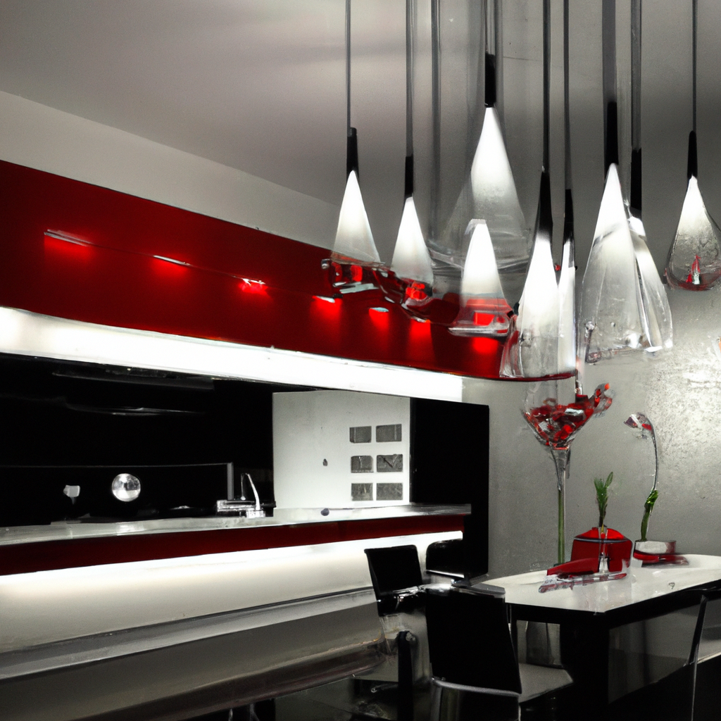 Cuisine moderne avec des accents rouges, luminaires en verre, table sur l'île et chaises noires pour une ambiance contempo...