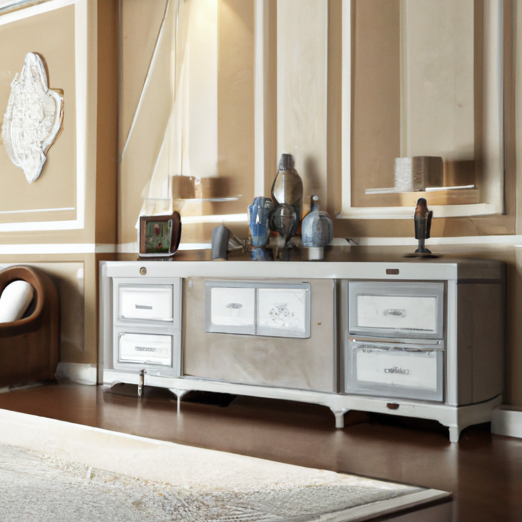 Intérieur élégant avec un meuble en bois clair, décor minimaliste, murs beige, et touches de décoration moderne.