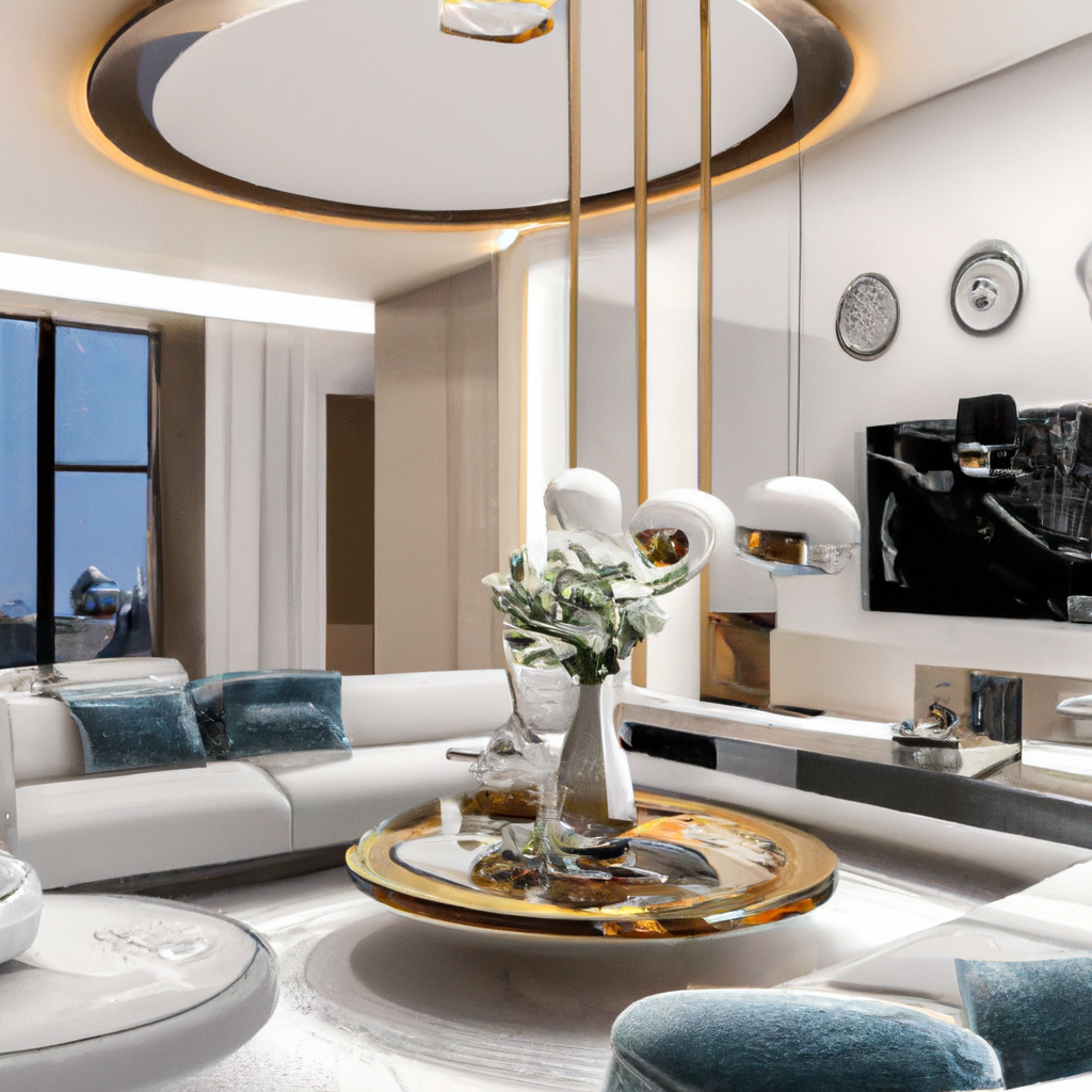 Salon moderne et élégant avec canapé blanc, touches dorées, décor minimaliste et vase avec des fleurs sur une table ronde.