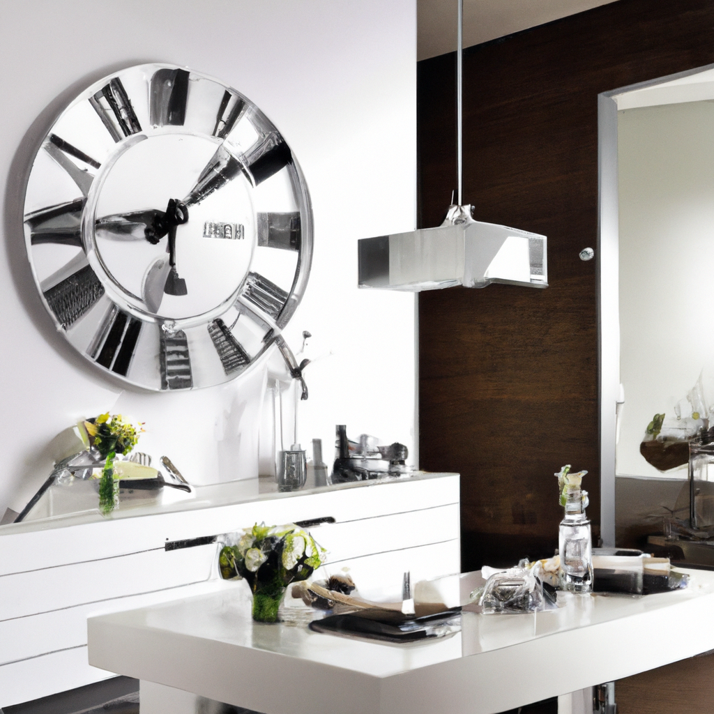 Décoration moderne avec horloge argentée, table blanche, luminaires épurés et touches florales raffinées.