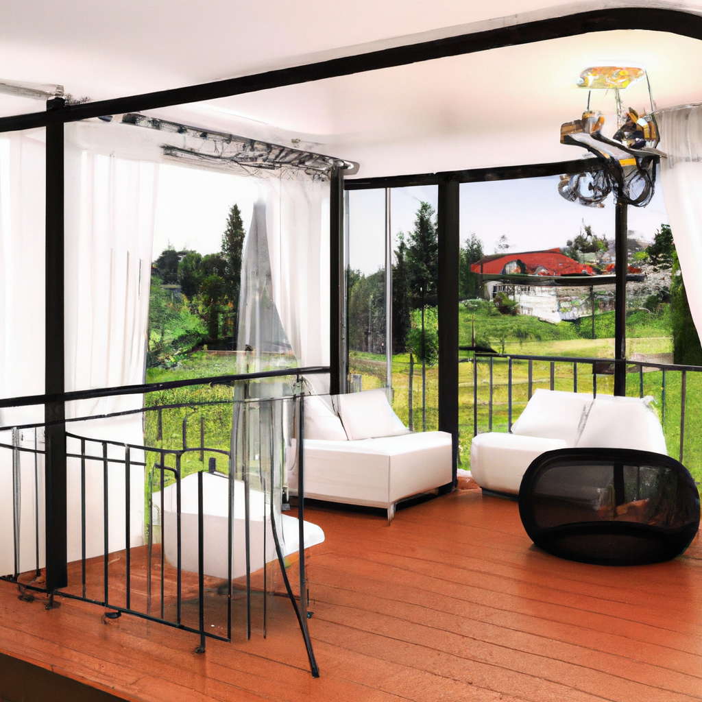 Balcon moderne avec balustrade noire, fauteuils blancs, vue sur verdure et luminaire contemporain, ambiance apaisante.