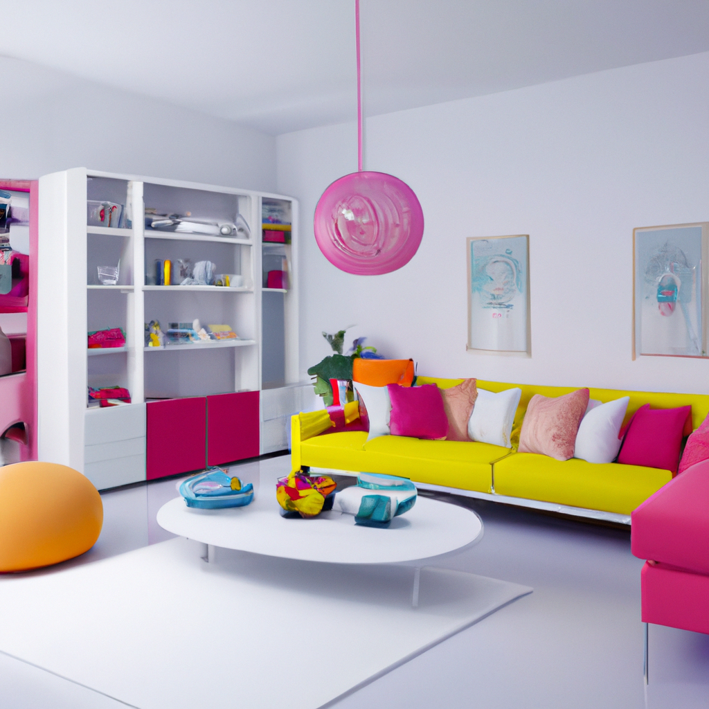 Salon moderne et coloré avec canapé jaune et coussins rose, meuble blanc, lampes roses, ambiance joyeuse et dynamique.