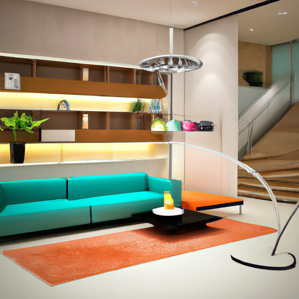 Salon moderne avec canapé turquoise, table basse noire, tapis orange et éclairage contemporain. Ambiance lumineuse et épurée.