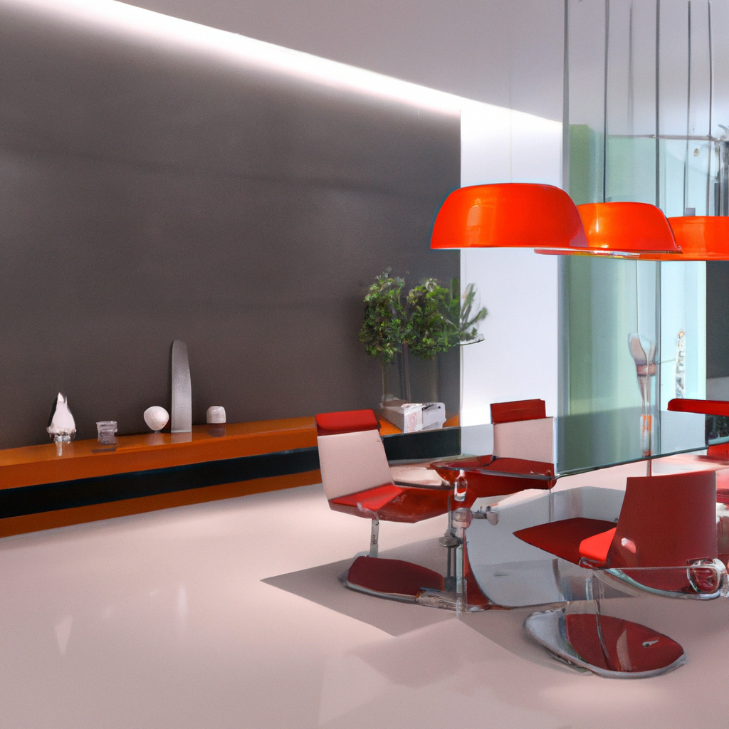 Décoration intérieure moderne avec des chaises rouges, un meuble noir et des suspensions orange, ambiance épurée et contem...