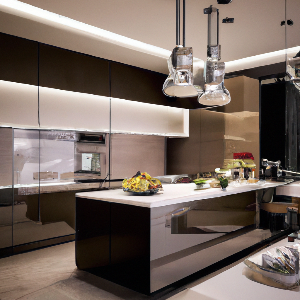 Cuisine moderne avec armoires brillantes, îlot en marbre, éclairage LED, ambiance élégante et sophistiquée.