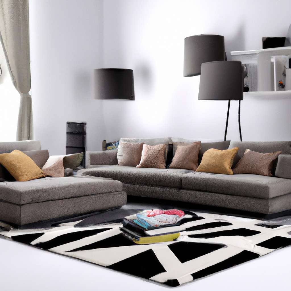 Salon moderne avec canapé gris, coussins dorés, tapis graphique noir et blanc, et lampes stylées, ambiance élégante.