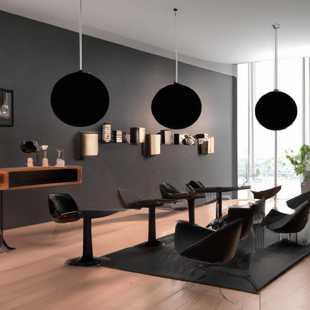 Intérieur moderne avec murs gris, meubles noirs élégants, suspensions rondes et grande fenêtre offrant une vue dégagée.