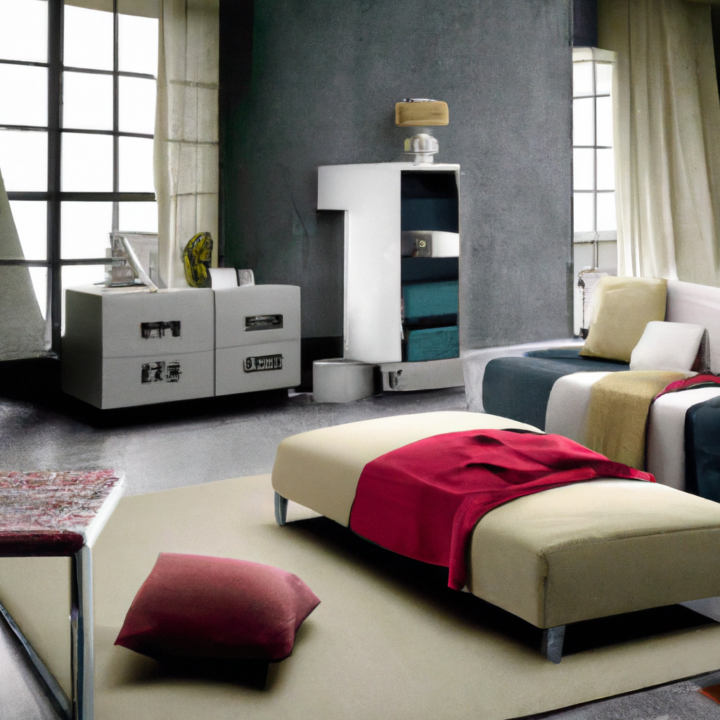 Salon moderne avec canapé gris et coussins colorés, meuble blanc aux lignes épurées, ambiance contemporaine et lumineuse.