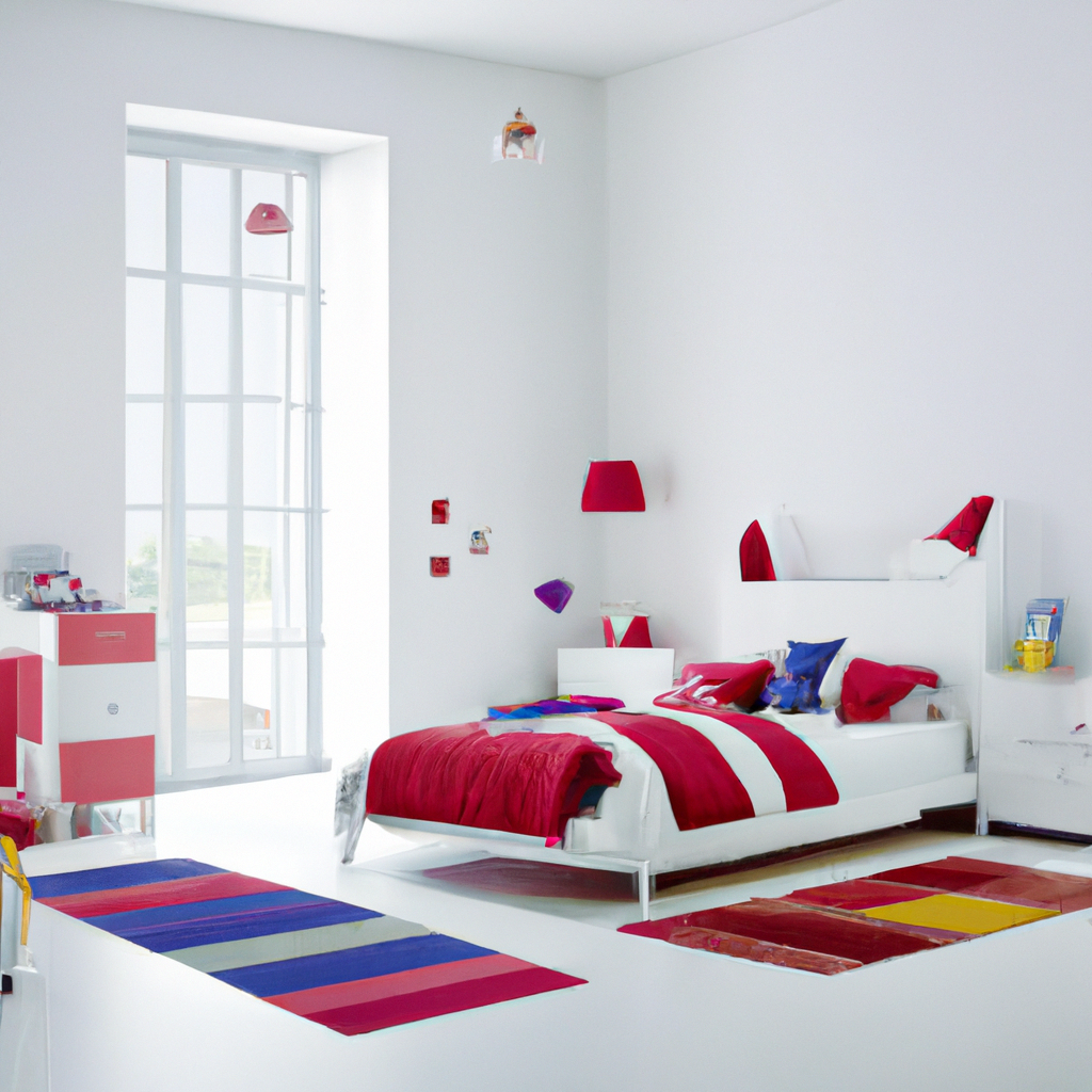 Chambre moderne aux murs blancs, lits blancs, décor rouge et jaune, tapis colorés, ambiance accueillante et contemporaine.