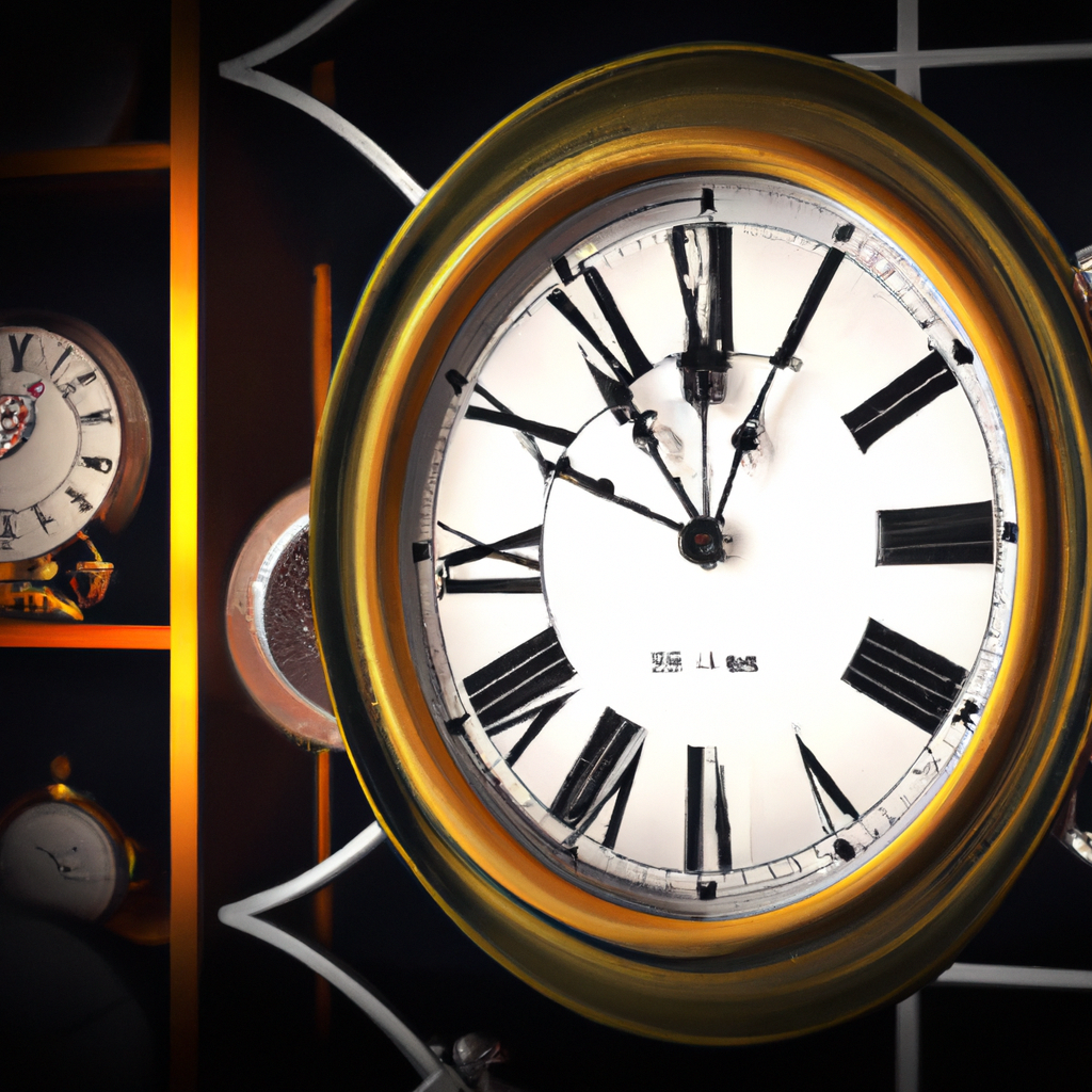 Horloge vintage dorée sur fond noir, ambiance chaleureuse, style rétro avec meubles décoratifs en arrière-plan.