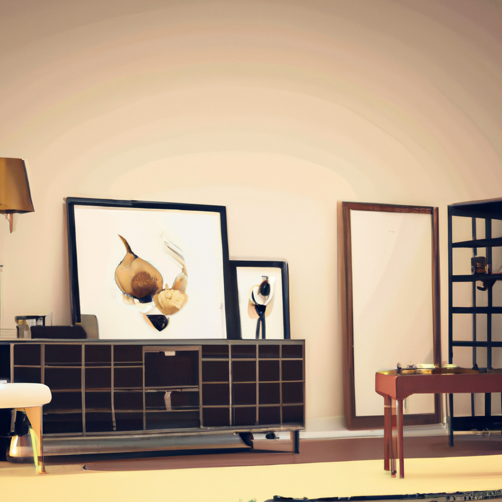 Salon moderne avec meuble bas en bois foncé, œuvres d'art abstraites, miroir, lampadaire doré et ambiance minimaliste.