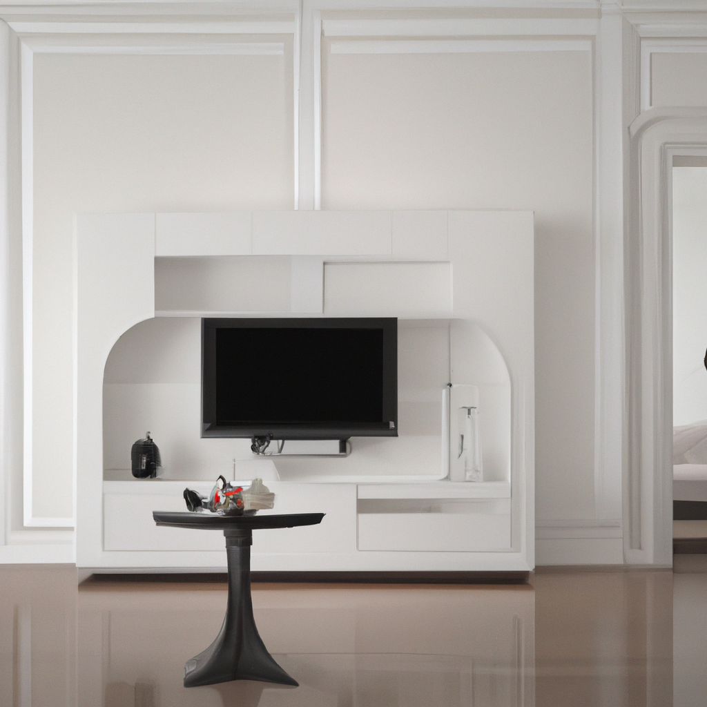 Meuble TV moderne blanc avec étagères, table noire élégante, ambiance minimaliste lumineuse et épurée.