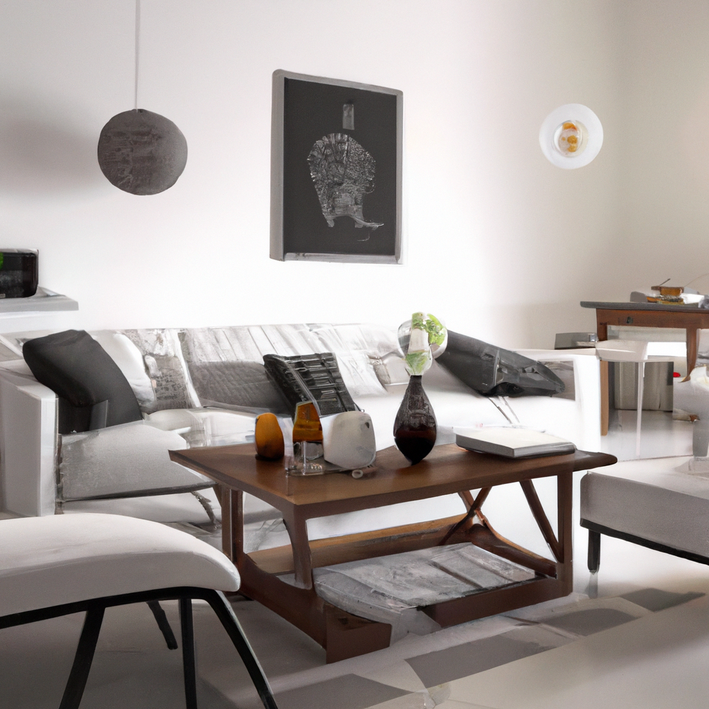 Salon moderne avec canapé blanc, table en bois, décor minimaliste et accents gris, ambiance épurée et lumineuse.