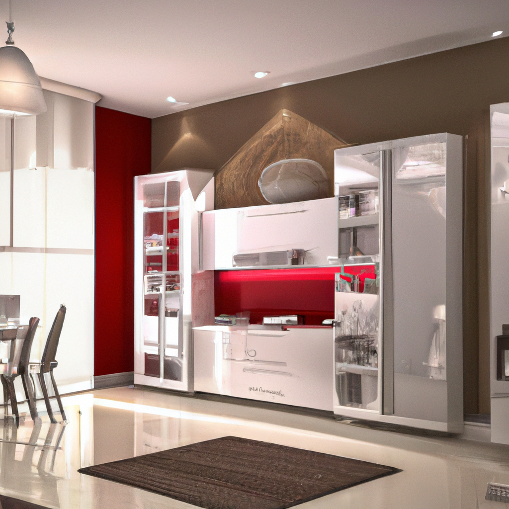 Cuisine moderne avec meubles blancs, mur rouge, éclairage chaleureux et tapis, créant une ambiance contemporaine.