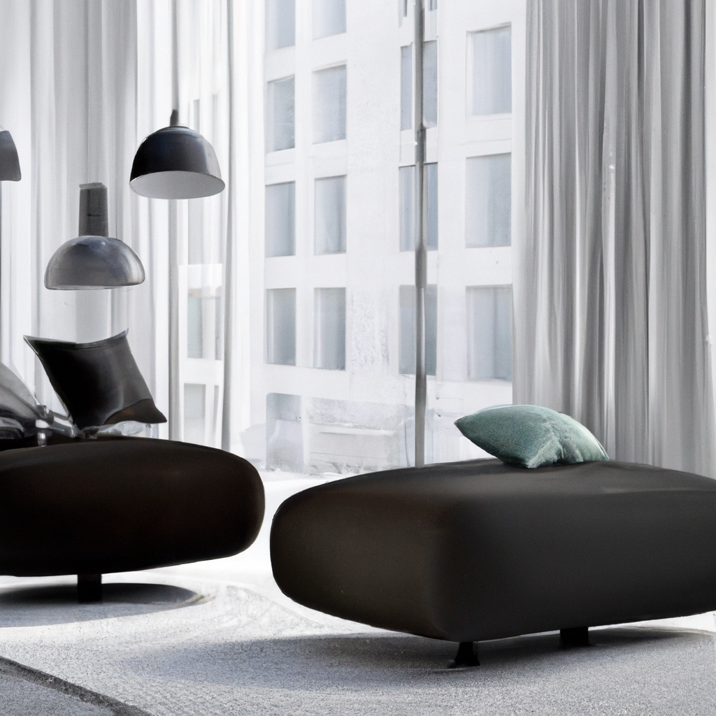 Intérieur moderne avec fauteuils noirs, coussin turquoise, grandes fenêtres, et rideaux organiques lumineux. Ambiance épurée.