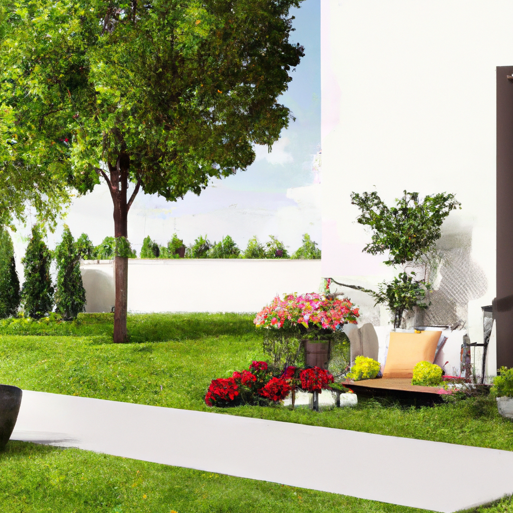 Jardin moderne avec pelouse verte, arbres, fleurs colorées et mobilier d'extérieur en bois, offrant une ambiance paisible.