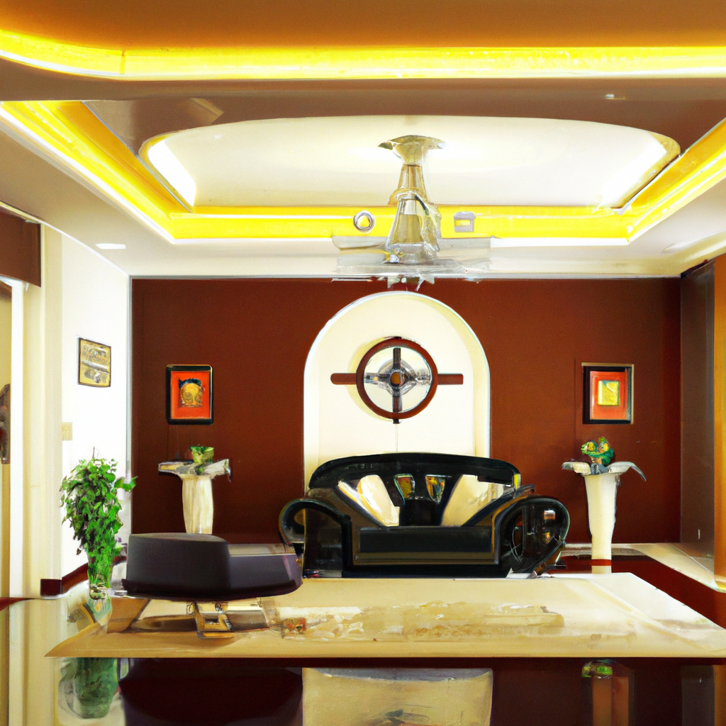 Salon moderne avec mobilier noir et blanc, éclairage jaune, murs marron, ambiance élégante et décor artistique.