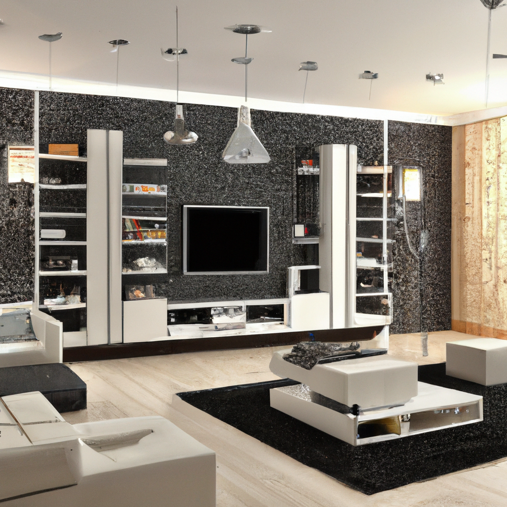 Intérieur moderne avec mur noir pailleté, meubles blancs et noirs, espace lumineux et ambiance élégante.