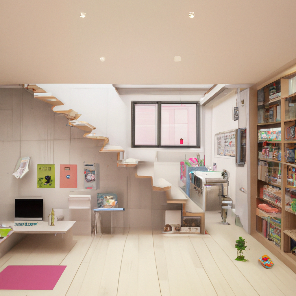 Intérieur moderne avec un escalier en bois, mur beige, coin salon minimaliste et étagères colorées, ambiance lumineuse et ...