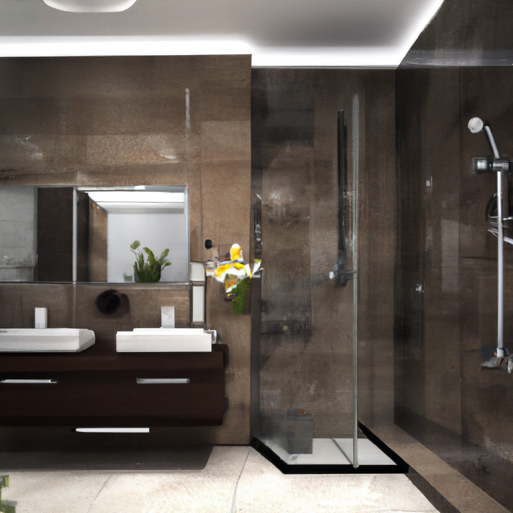 Salle de bain moderne avec murs en pierres brunes, douche vitrée, vasques minimalistes et plantes décoratives.