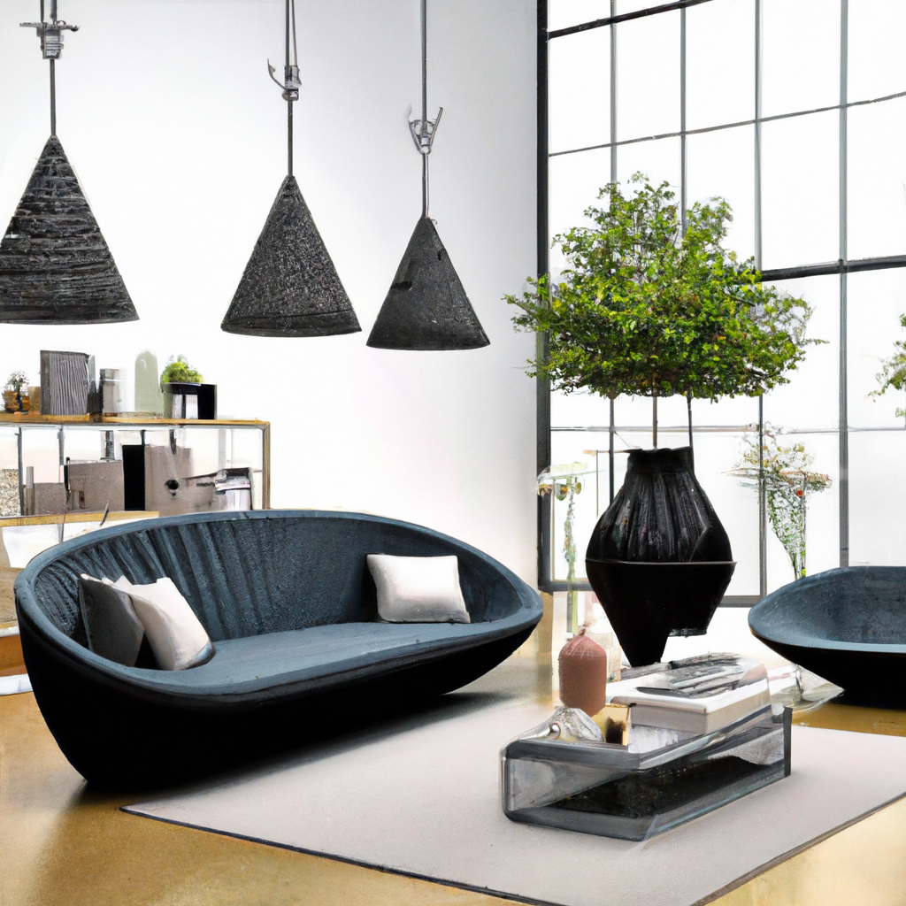Salon moderne avec canapé courbé bleu, décor minimaliste, plantes vertes et luminaires suspendus en noir. Ambiance élégante.