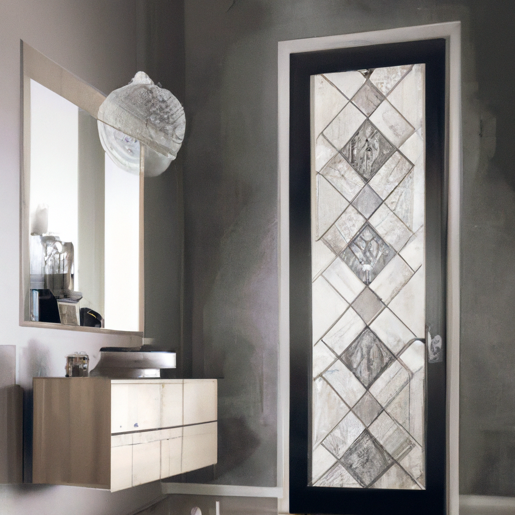 Décor moderne avec un mur gris, porte en verre texturé, meuble en bois clair et miroir élégant pour une ambiance minimaliste.