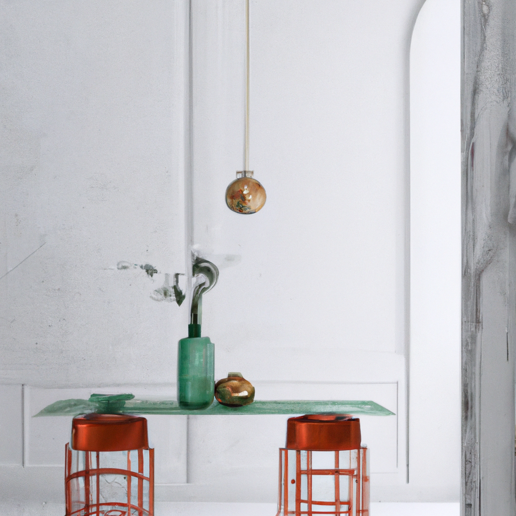 Décoration intérieure moderne : table en verre, chaises orange, vase vert et lampe suspendue dorée sur fond blanc épuré.