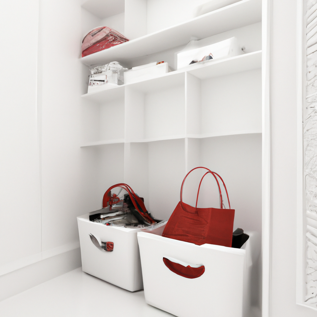 Rangement moderne et épuré, avec des bacs blancs et des sacs rouges sur étagères blanches, ambiance minimaliste.