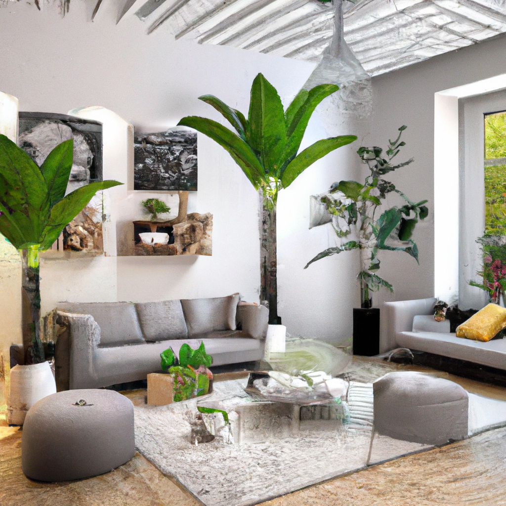 Salon moderne avec murs clairs, canapés gris, plantes vertes, et table en verre, créant une ambiance naturelle et lumineuse.