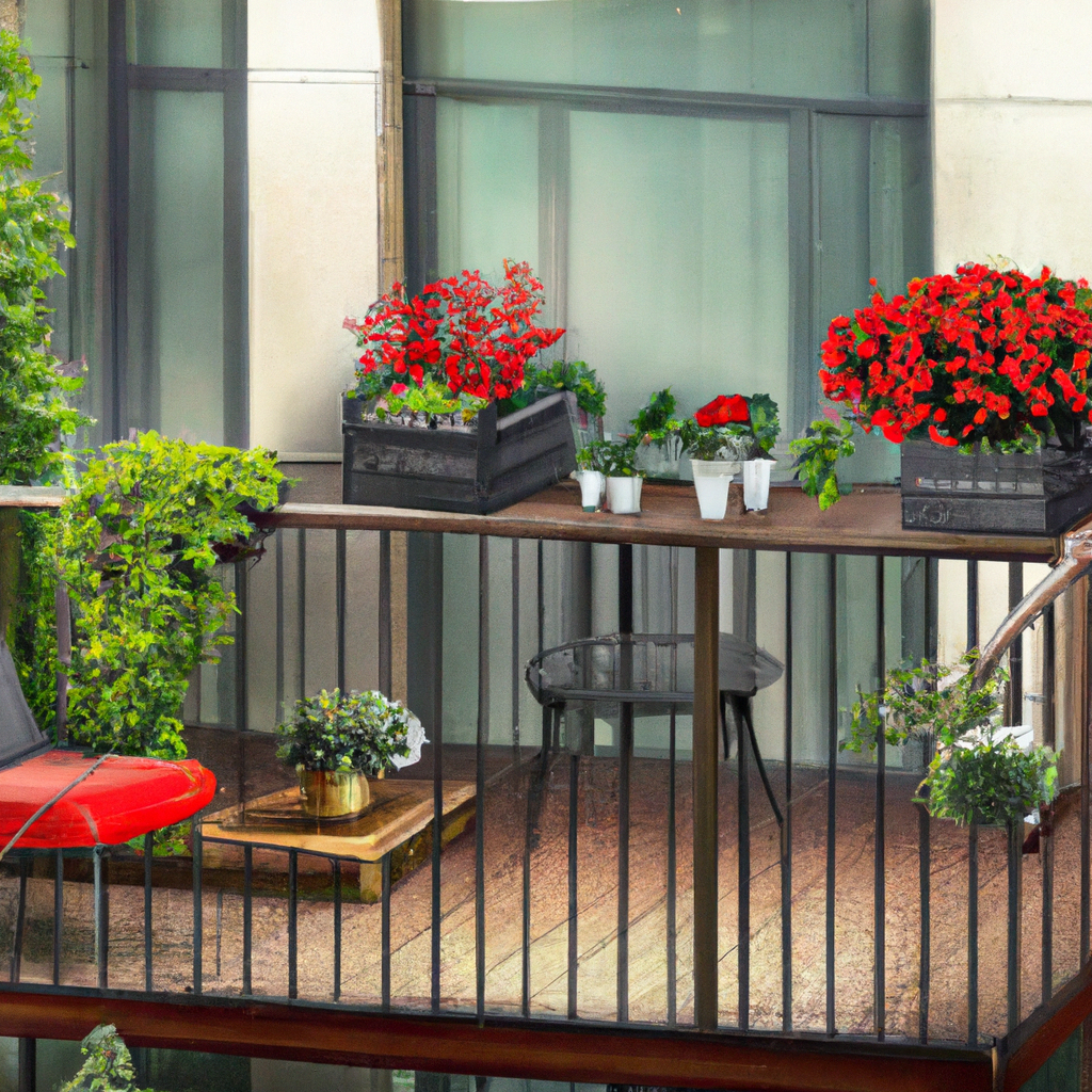 Balcon moderne décoré avec des fleurs rouges, meubles en métal noir et ambiance chaleureuse.