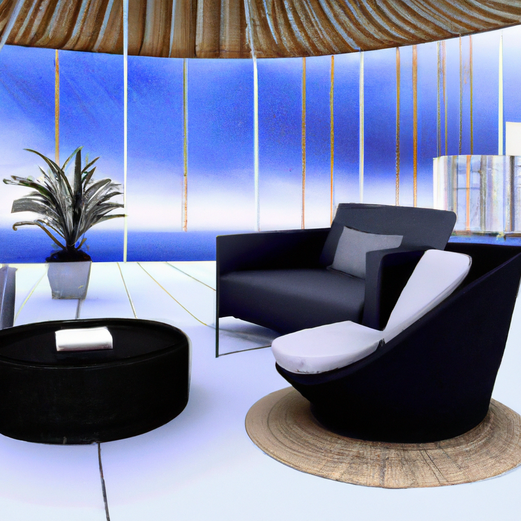 Salon moderne aux murs bleus, canapé noir, fauteuil blanc et noir, table ronde noire et plante verte, ambiance épurée.