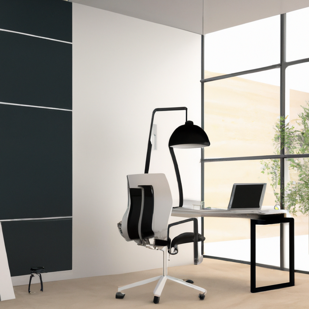 Bureau moderne minimaliste avec chaise ergonomique noire et blanche, éclairage moderne, grandes fenêtres et mur gris.