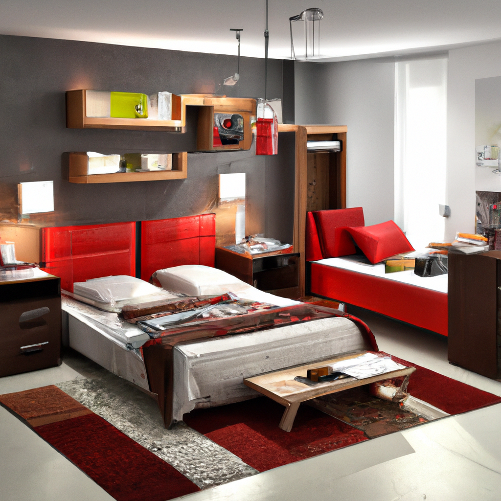 Chambre moderne avec lits rouges, étagères en bois, tapis coloré et ambiance élégante et minimaliste.