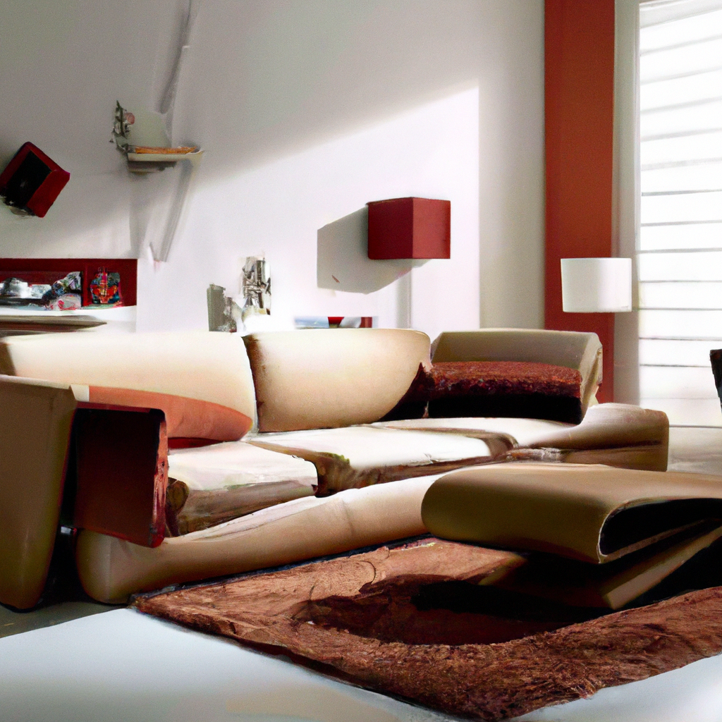 Salon moderne avec canapé beige, coussins marron, tapis en cuir et mur orange, ambiance élégante et contemporaine.