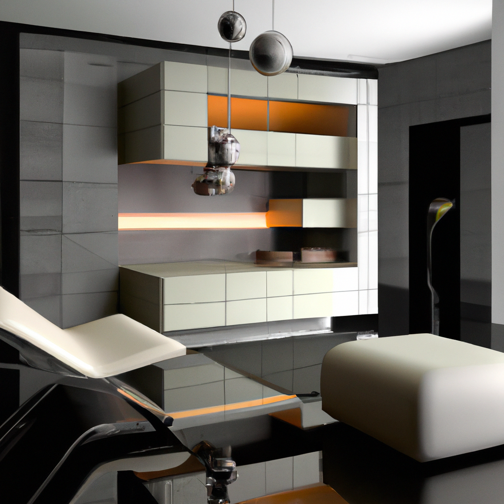Intérieur moderne en noir et blanc, meuble design, éclairage orange, ambiance chic et épurée.