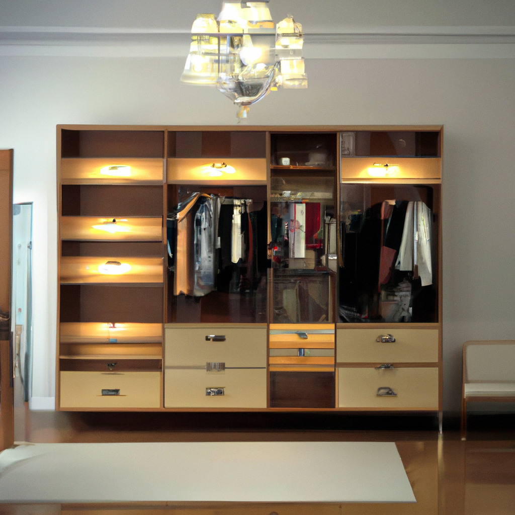 Meuble de rangement moderne en bois clair avec éclairage intégré, ambiance minimaliste et élégante, murs neutres.