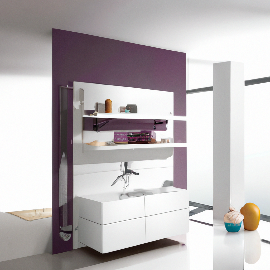 Mobilier moderne avec un meuble blanc, étagères minimalistes sur mur violet, ambiance épurée et contemporaine.