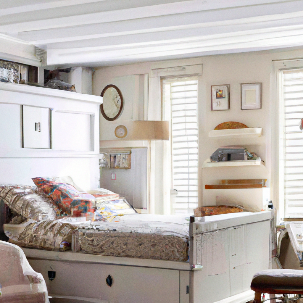 Chambre lumineuse avec lit vintage, murs blancs, décoration pastel et meubles en bois, ambiance chaleureuse et accueillante.