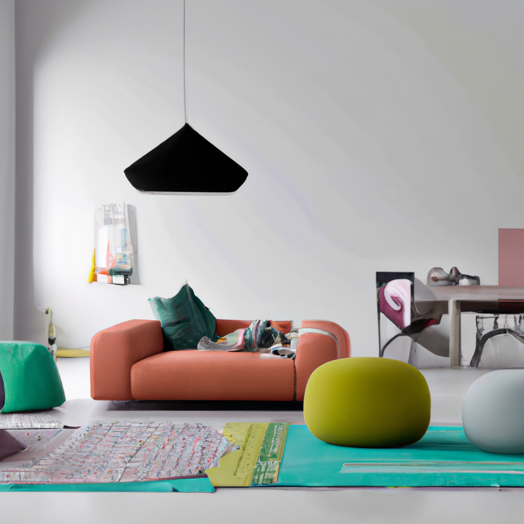 Salon moderne aux teintes pastel, canapé rose, poufs verts et noirs, ambiance zen avec tapis coloré et éclairage stylé.