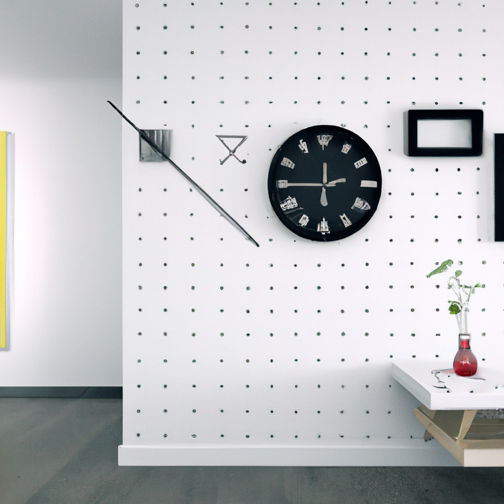 Décor moderne avec mur à trous, horloge noire élégante, étagère minimaliste, et vase rouge, ambiance épurée et artistique.