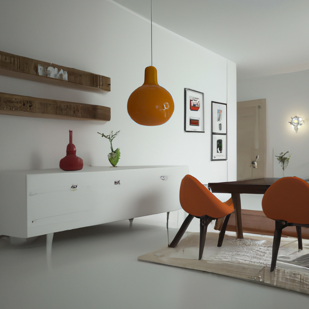 Décoration moderne minimaliste avec un meuble blanc, lampes oranges, chaises design et art mural contemporain.