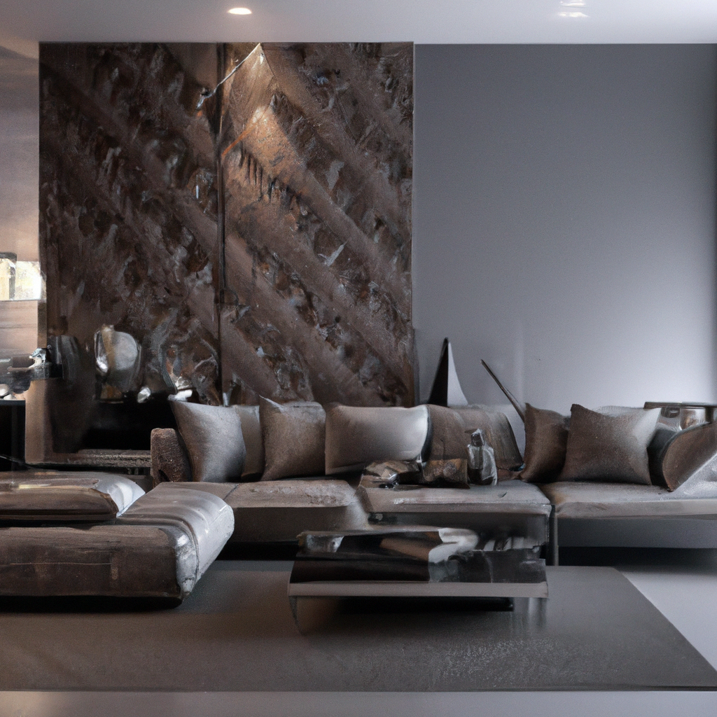 Intérieur moderne avec canapé gris, table basse en verre, accents métalliques et murs texturés, ambiance élégante et conte...