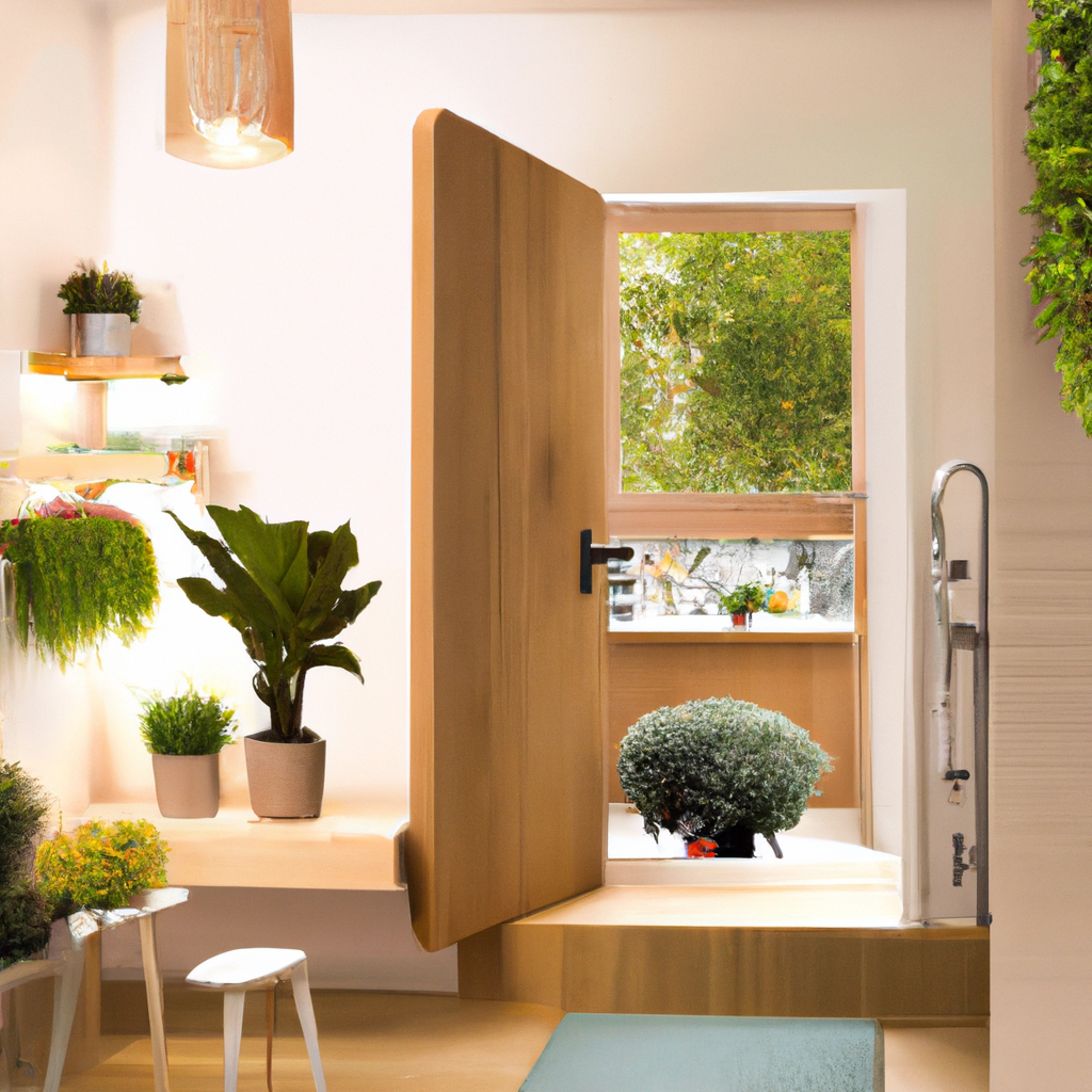 Intérieur lumineux avec porte en bois, plantes vertes, étagères modernes et ambiance naturelle apaisante.