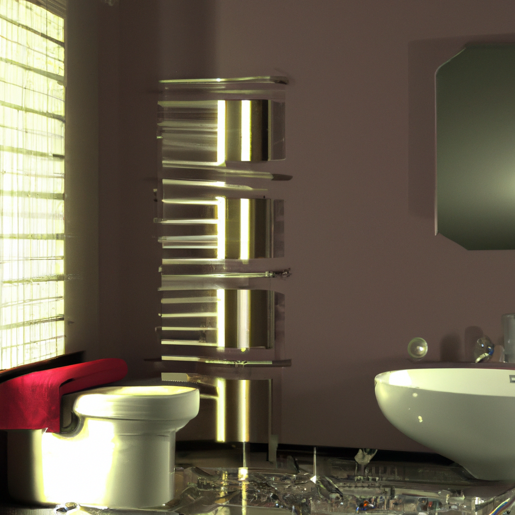 Salle de bain moderne, mur rose, lavabo design, toilettes blanches, éclairage élégant et chaise rouge.